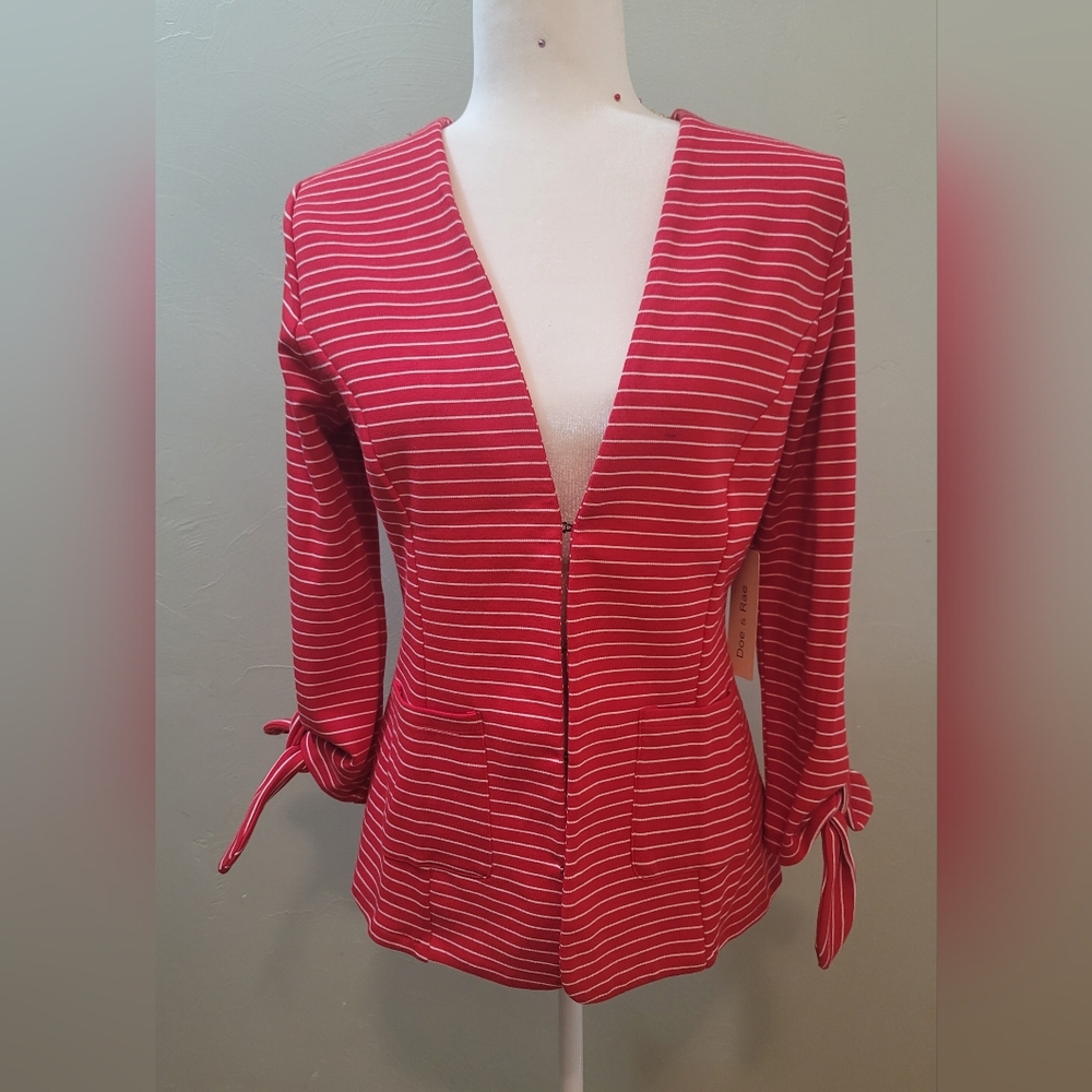 Red Striped V-Neck Blazer